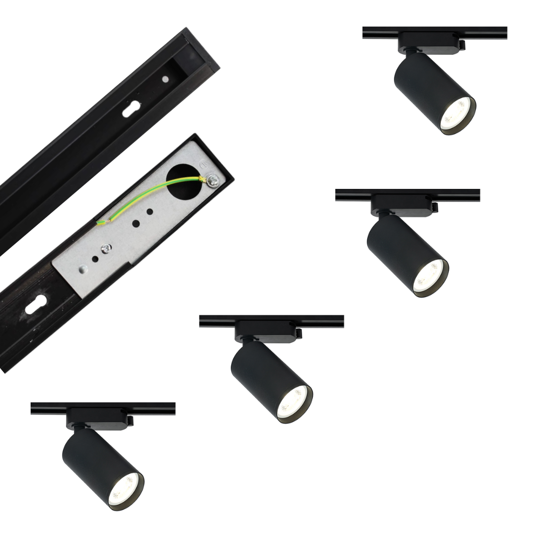 Riel Energizado Monofasico + 4 Focos porta Gu10 + 4 Ampolletas.